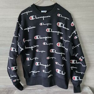 Champion Reverse Weave Heavy Crew All Over Logo Sweatshirt Black Panel Sides Lg